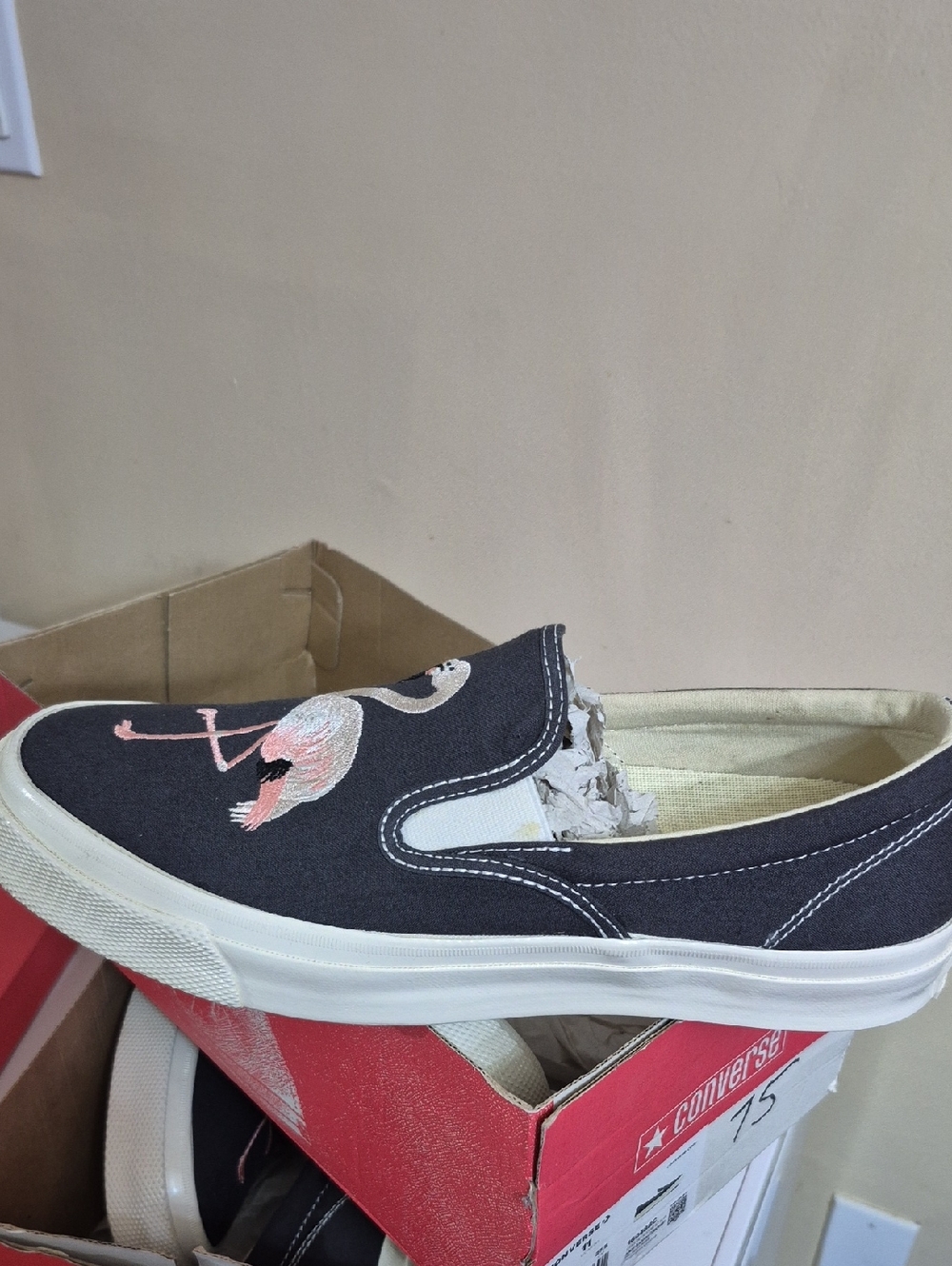 Canvas Slip-On Shoes with Pink Flamingo Embroidery - Black